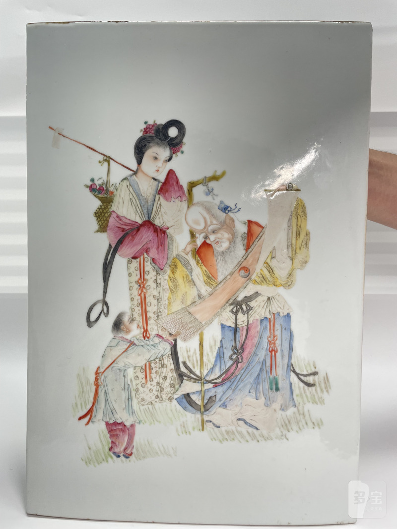 民国 粉彩麻姑寿星祝寿图瓷板 - 图3